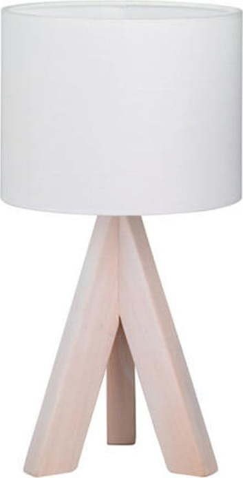 Bílá stolní lampa z přírodního dřeva a tkaniny