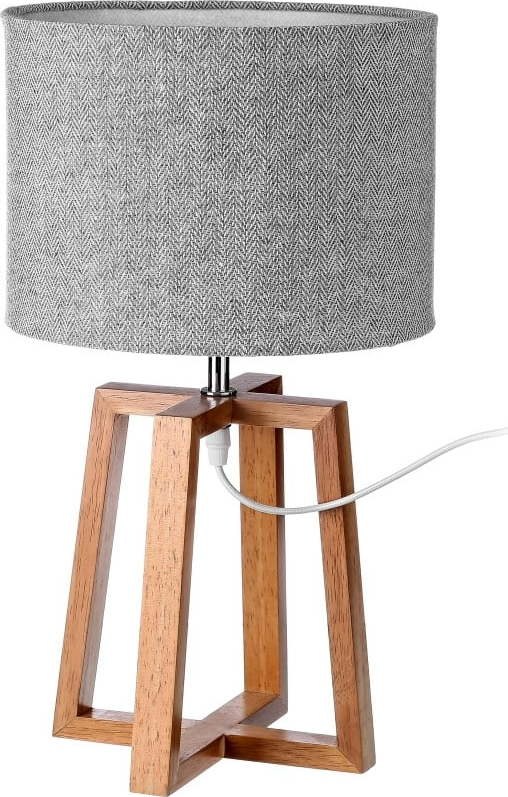 Šedo-hnědá stolní lampa z masivního dřeva s textilním stínidlem